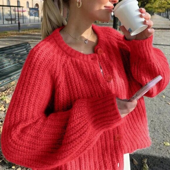 Red Casual Women's Warm Open Button-Front Loose Crew Neck Knitted Cardigan - Picture 1 of 5
